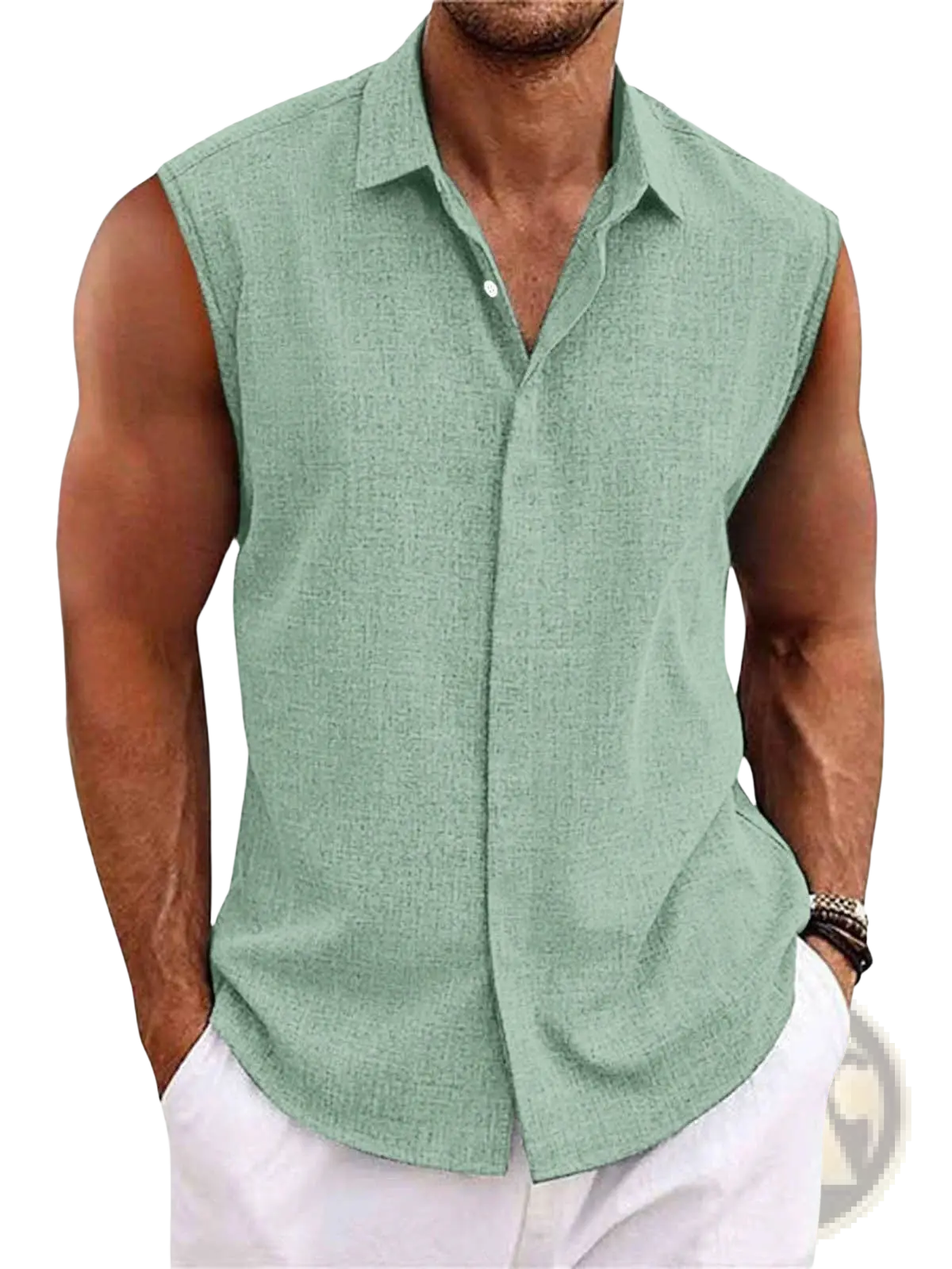 Men’s slim fit light green sleeveless linen blend beach shirt with subtle textured weave and classic collar