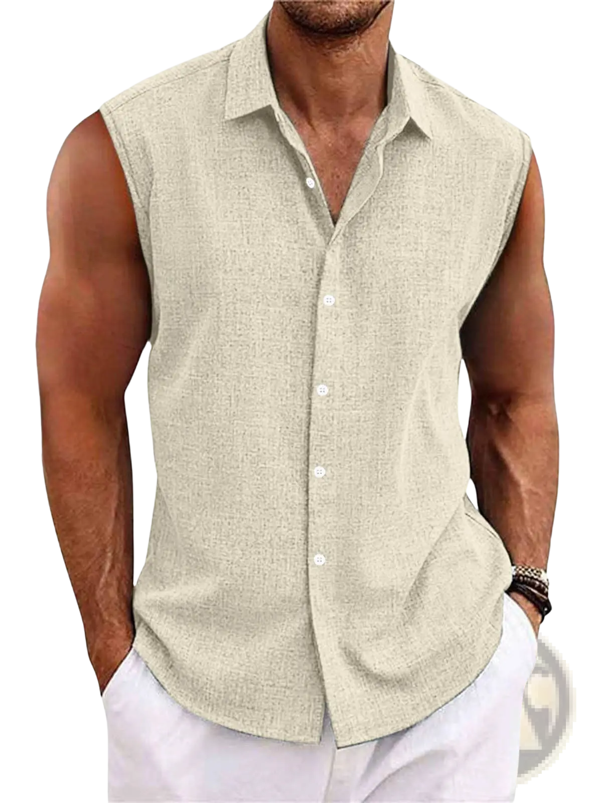 Beige linen sleeveless button-up shirt with classic collar and white buttons for men’s slim fit beachwear