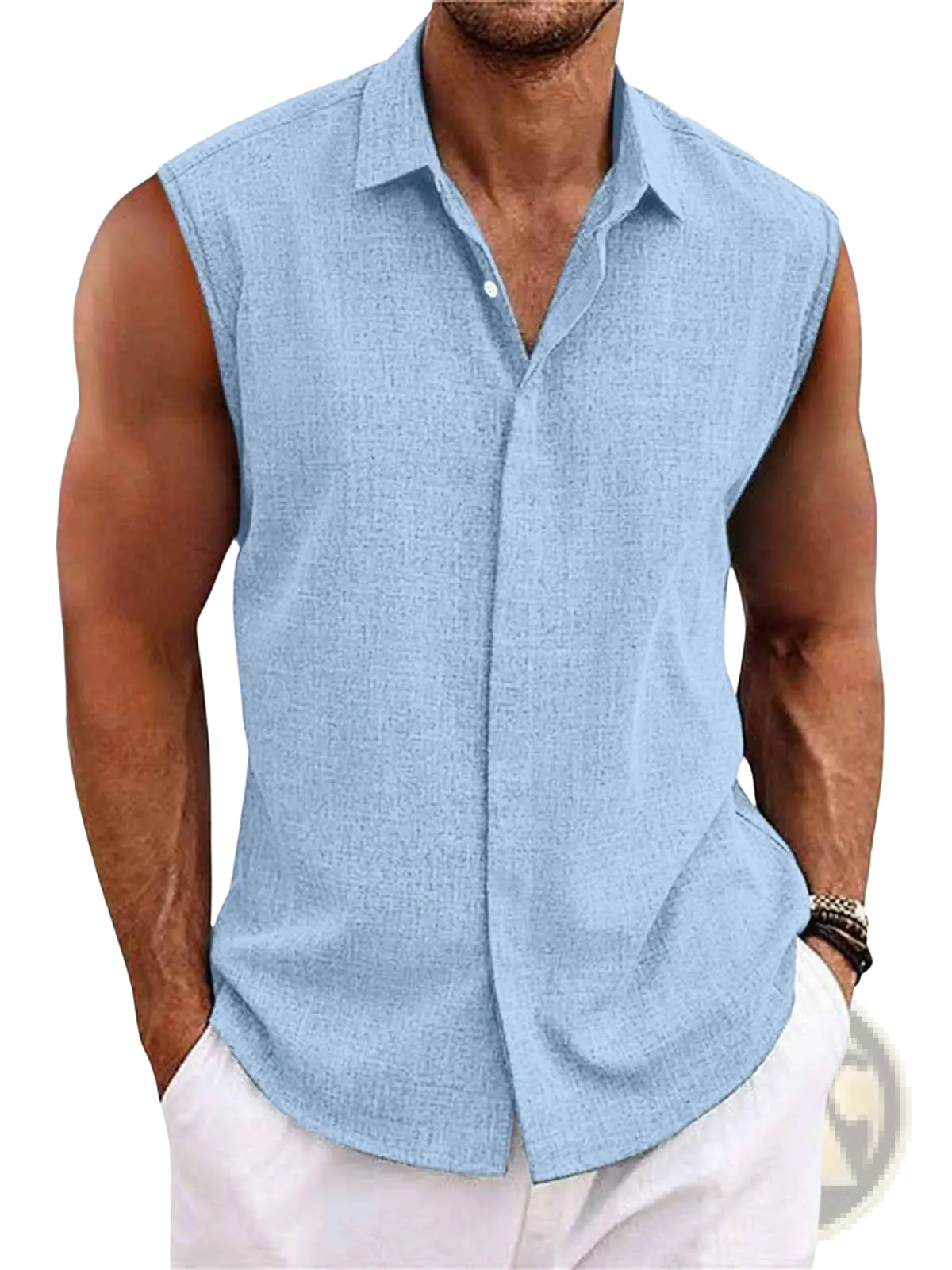 Men’s slim fit light blue sleeveless button-up beach shirt in textured linen blend fabric