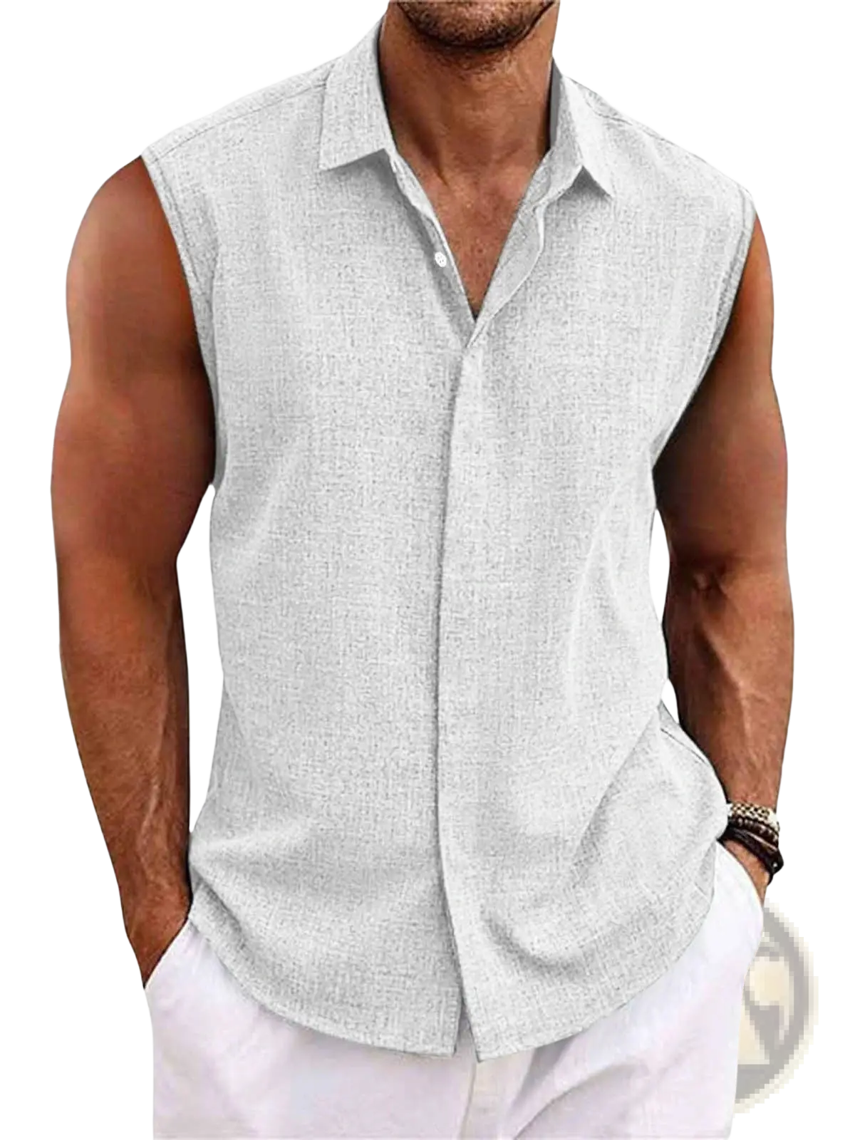 Men’s slim fit light gray textured sleeveless linen blend beach shirt with classic collar and front button placket