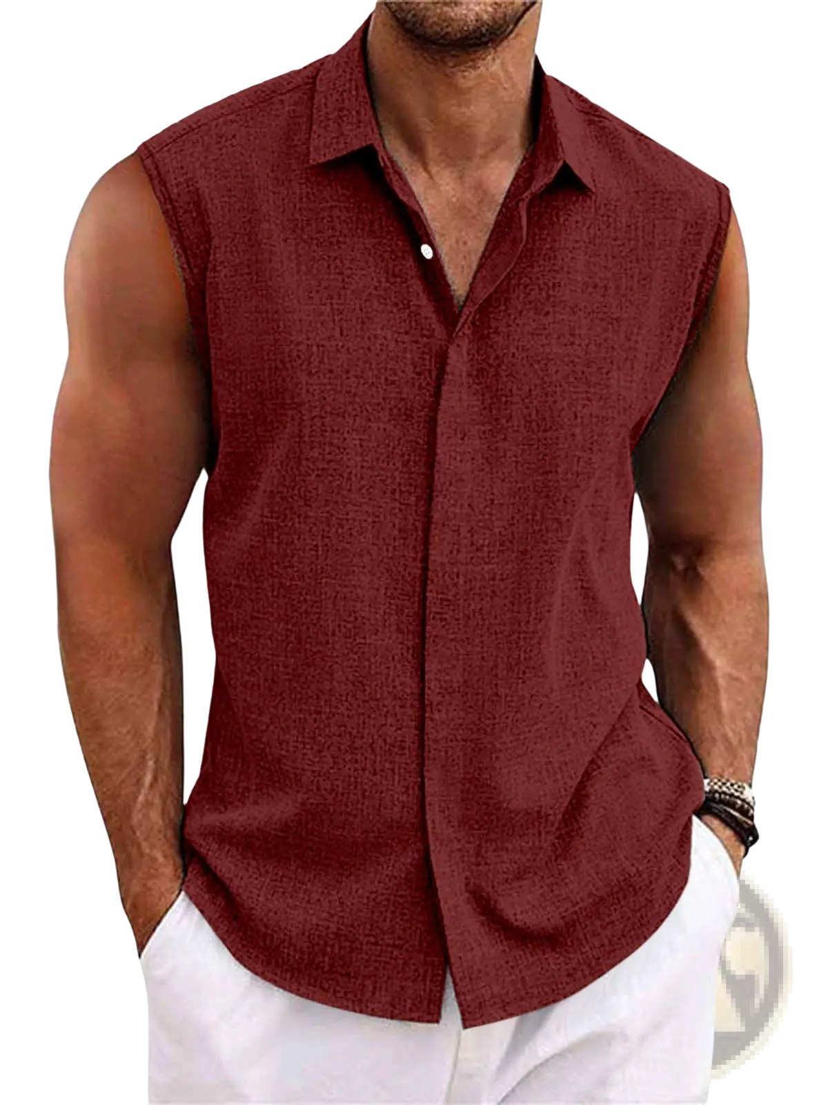 Men’s slim fit maroon sleeveless button-up linen blend beach shirt with textured fabric and collar