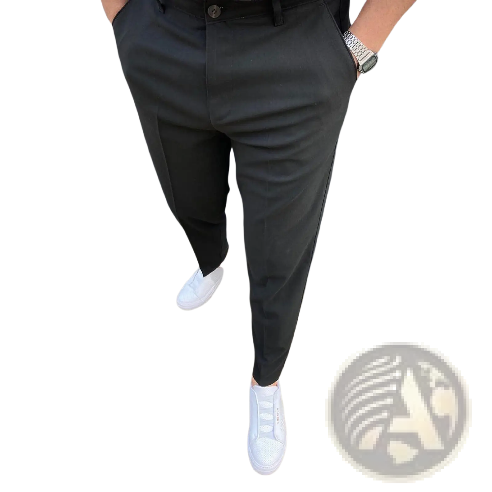 Men’s slim fit textured tapered chinos in black with a sleek modern cut and subtle side seam detailing