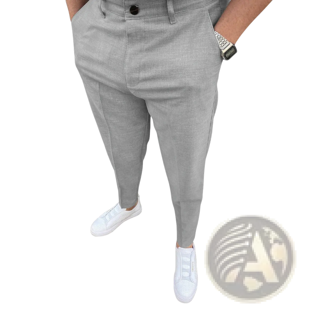 Men’s slim fit textured gray tapered chinos with a slim fit and black button closure in a comfortable fabric