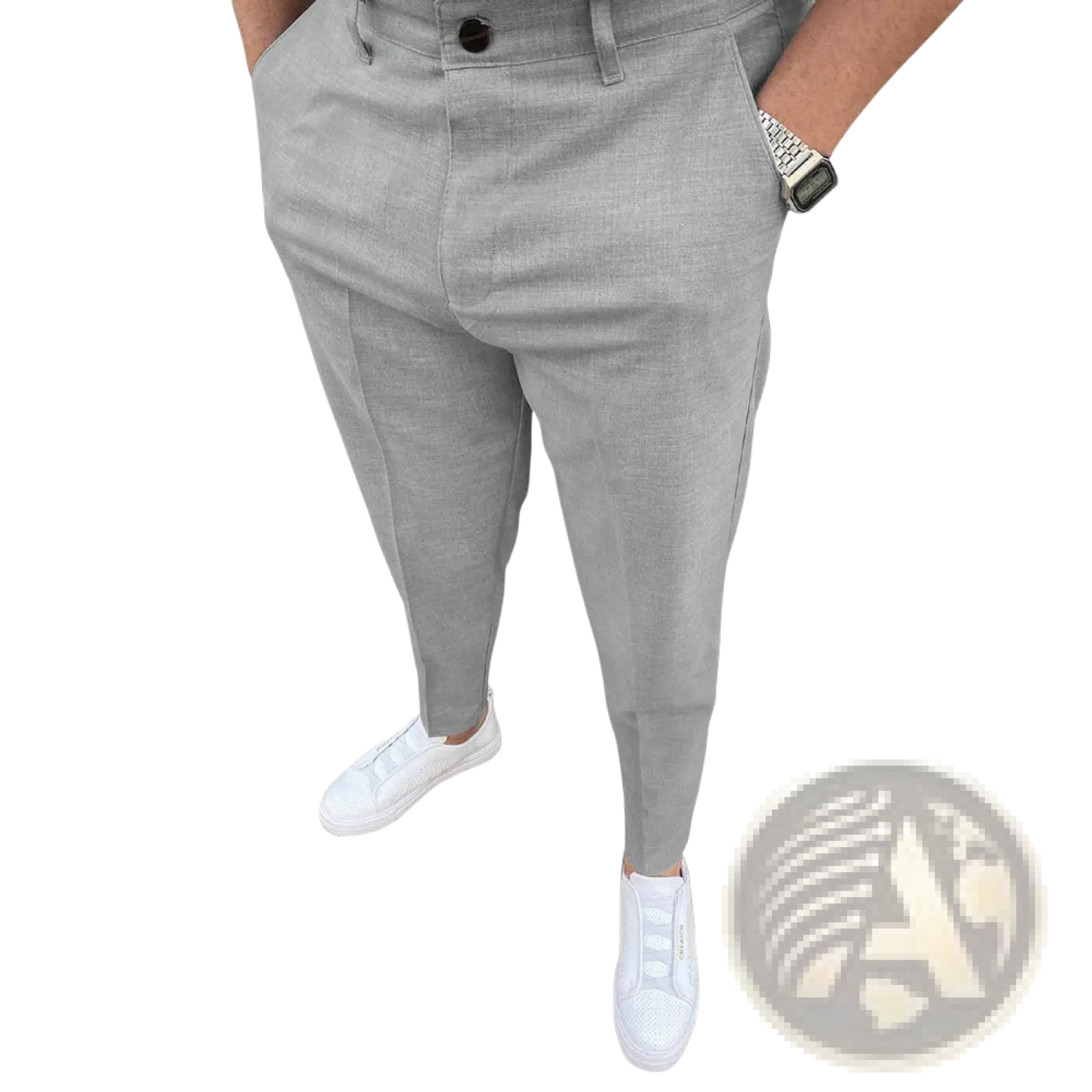 Men’s slim fit textured gray tapered chinos with a slim fit and black button closure in a comfortable fabric