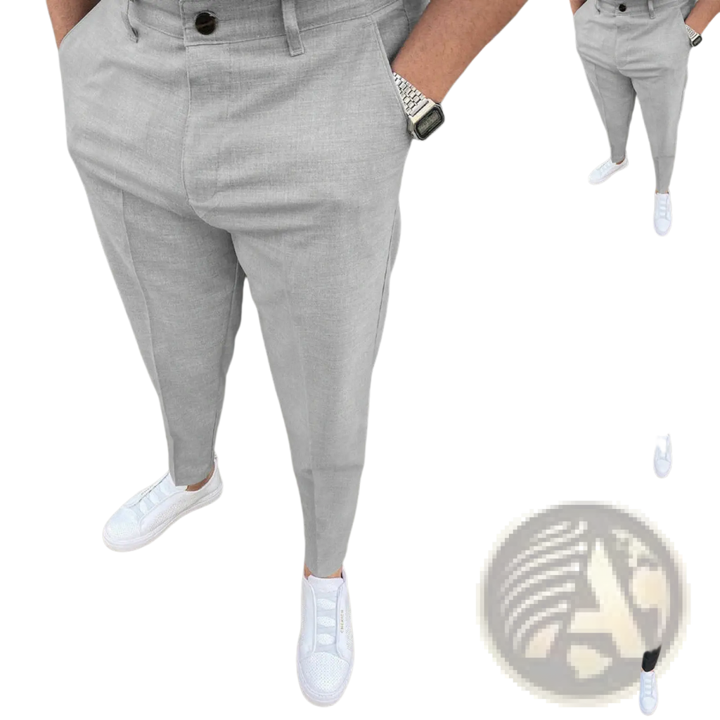 Men’s slim fit light gray chinos with a subtle textured weave and buttoned waistband for a tapered look