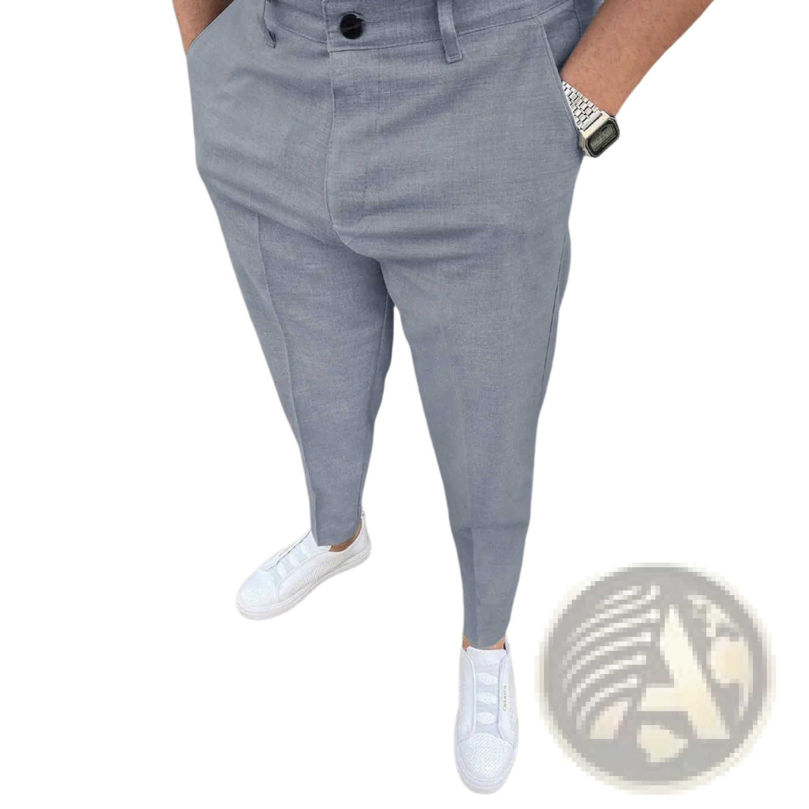 Men’s slim fit textured tapered chinos in light gray with a slim fit and black button closure