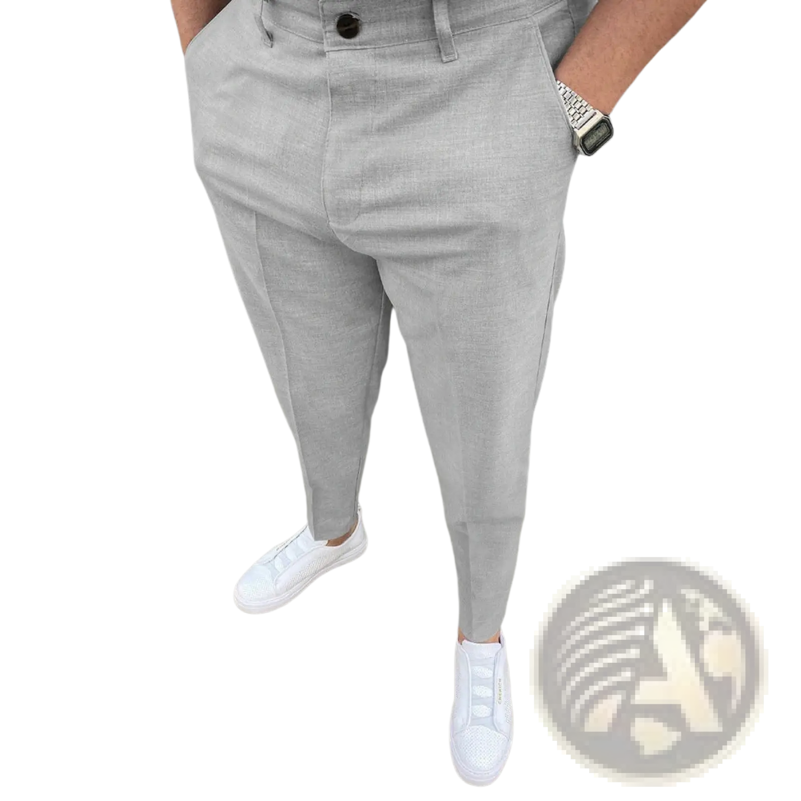 Men’s slim fit light gray textured chinos with tapered legs and belt loops for a polished casual look