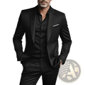 Mens slim fit three piece suit set in black satin with sleek tailored fit and subtle sheen for formal occasions