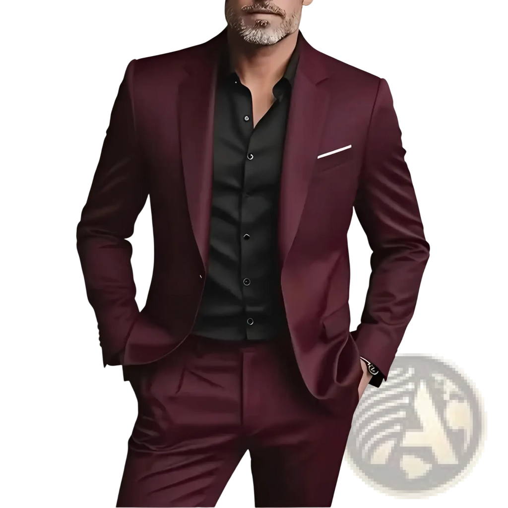 Mens slim fit three piece suit set in sleek burgundy with tailored fit and subtle sheen perfect for formal occasions