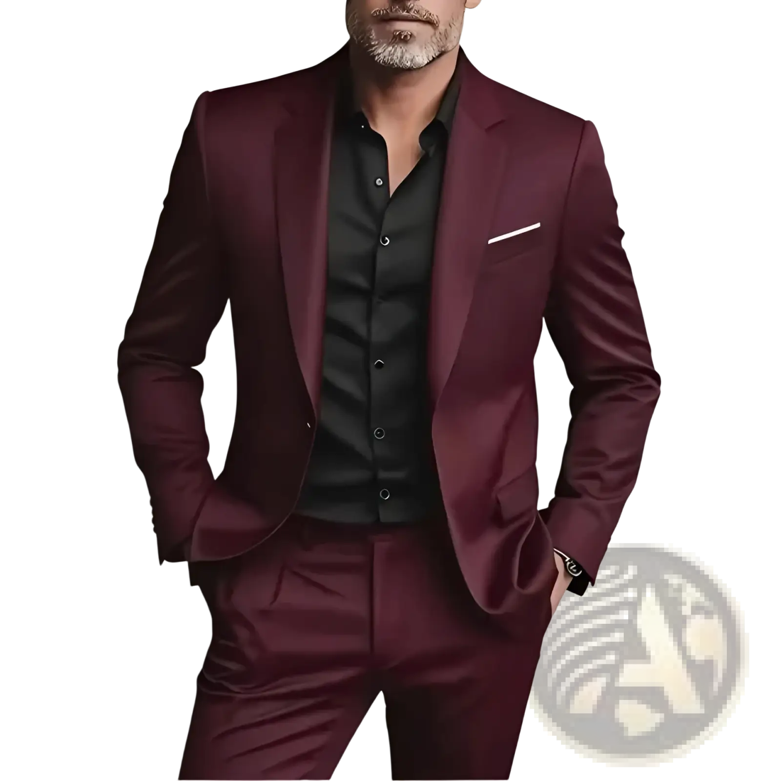 Mens slim fit three piece suit set in sleek burgundy with tailored fit and subtle sheen perfect for formal occasions