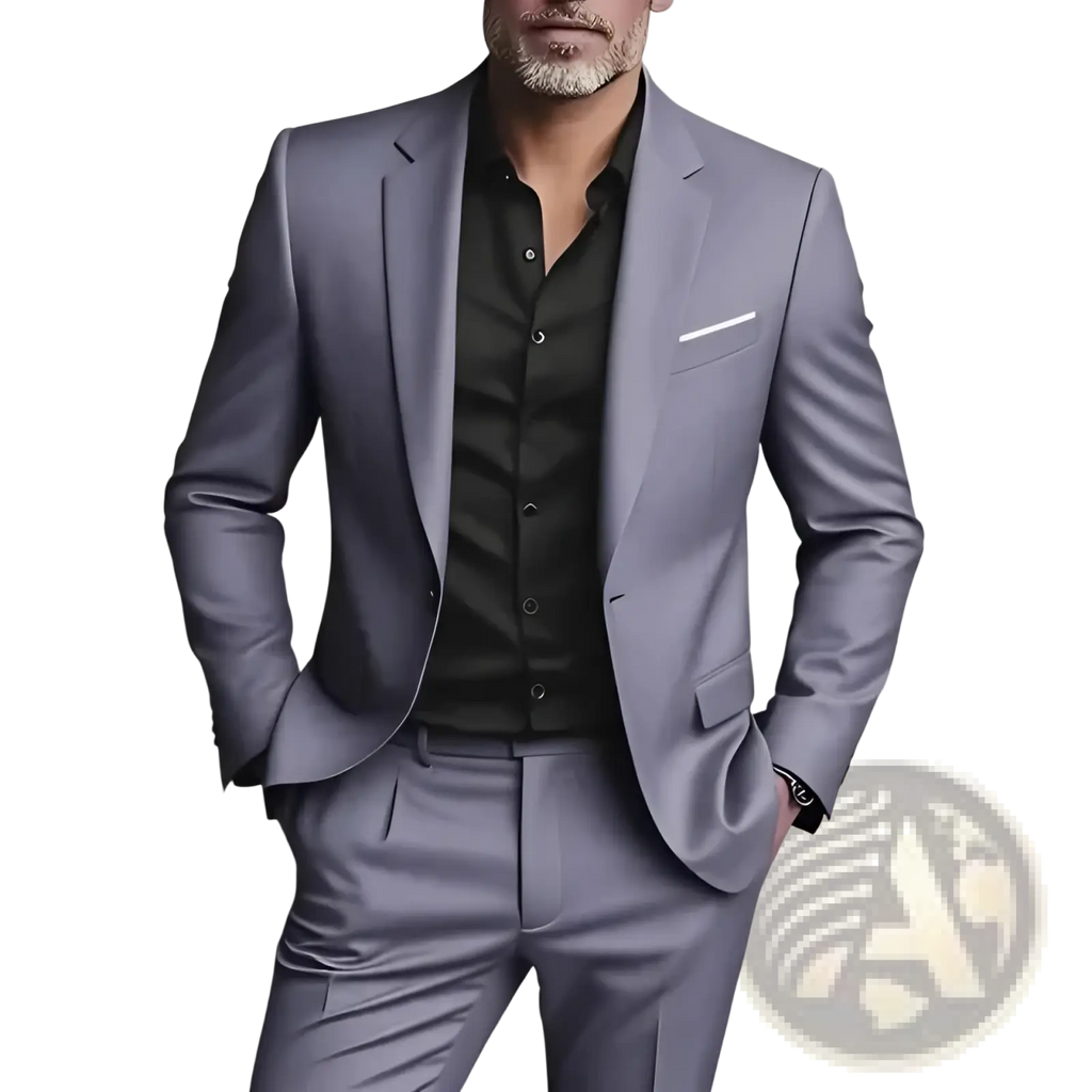 Mens slim fit three piece suit set in a sleek light gray tailored fabric featuring a matching vest and trousers