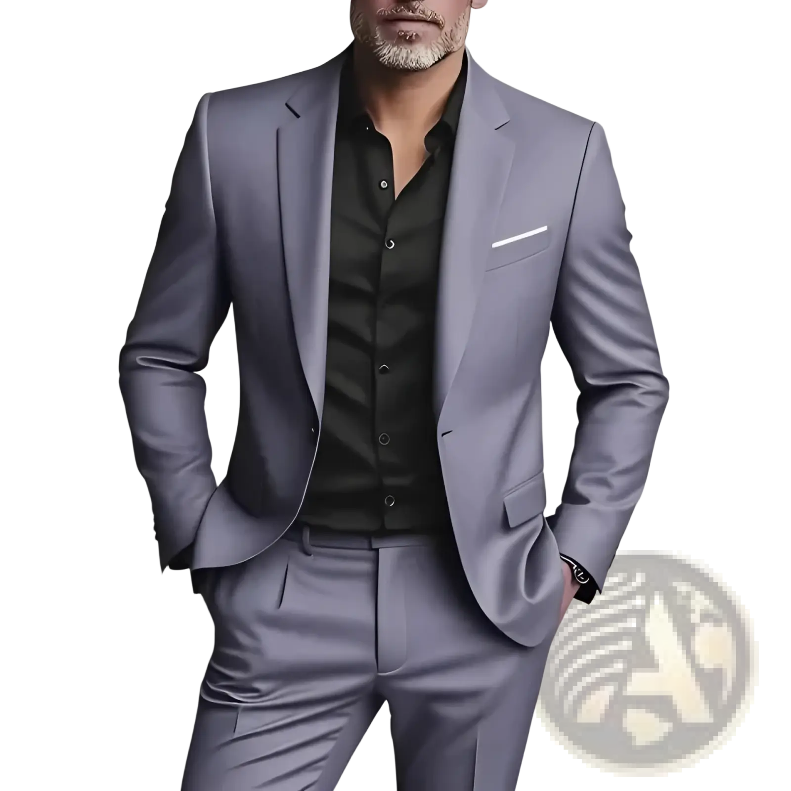Mens slim fit three piece suit set in a sleek light gray tailored fabric featuring a matching vest and trousers