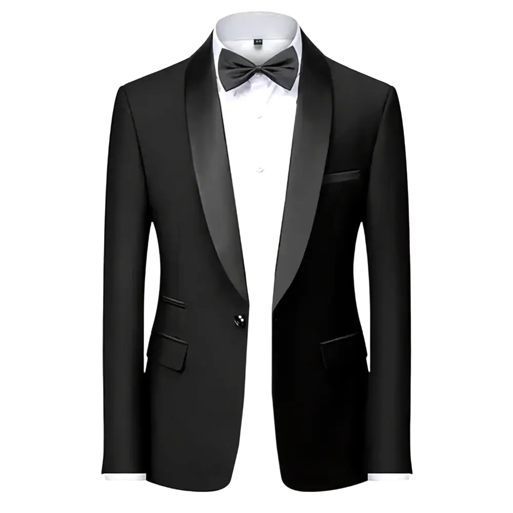 Men’s slim fit black tuxedo blazer with satin lapels and matching bow tie for formal occasions