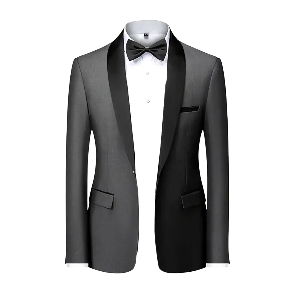 Men’s slim fit black tuxedo blazer with satin lapels and matching bow tie for formal occasions