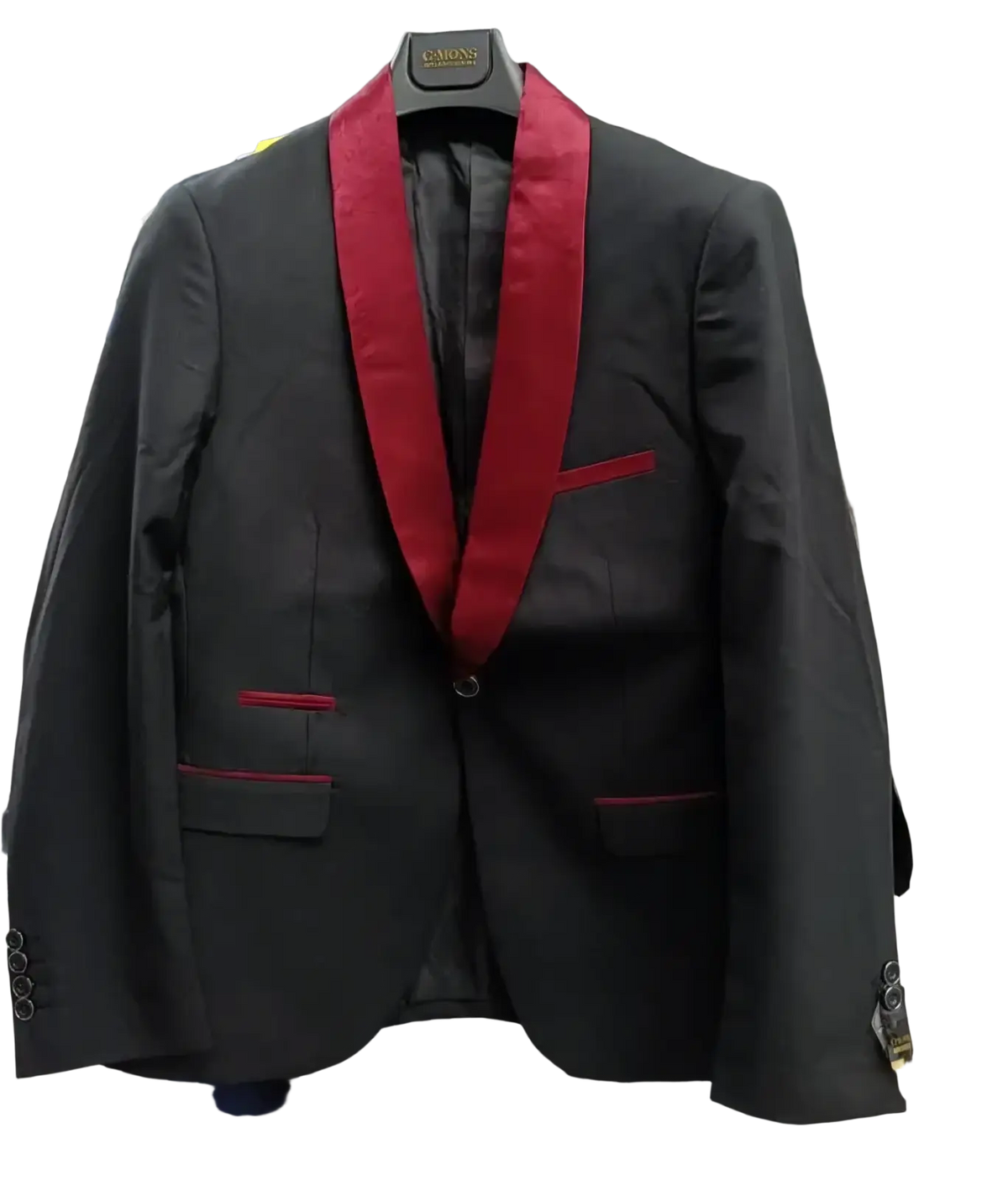 Men’s slim fit tuxedo blazer formal suit jacket in black with bold red satin lapel and matching red pocket trim
