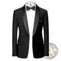 Men’s slim fit black tuxedo blazer with satin lapels and matching bow tie for formal occasions