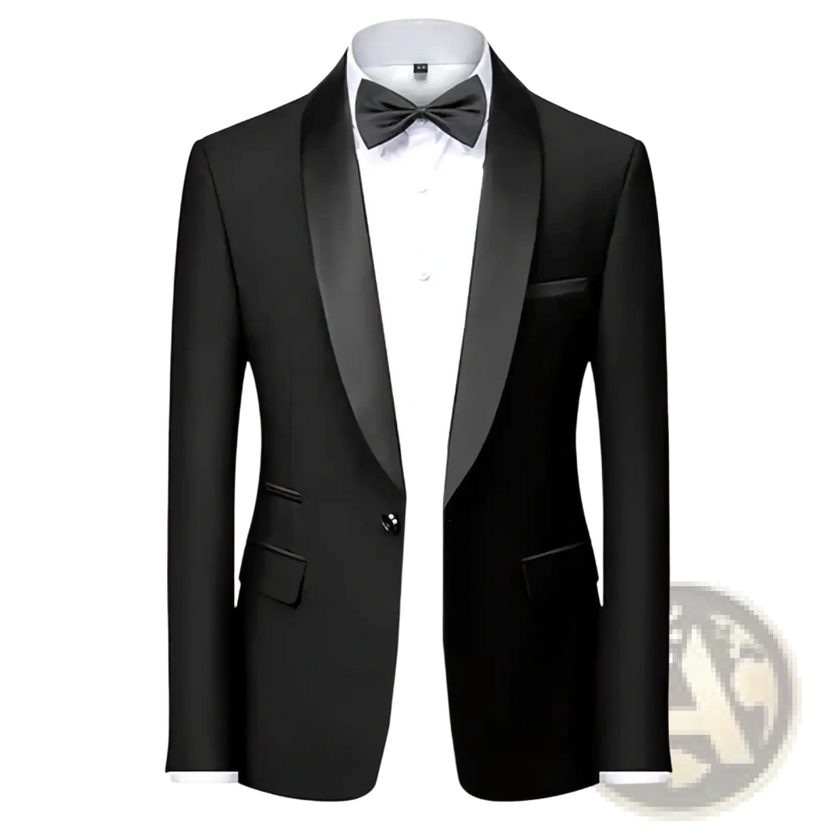Men’s slim fit black tuxedo blazer with satin lapels and matching bow tie for formal occasions