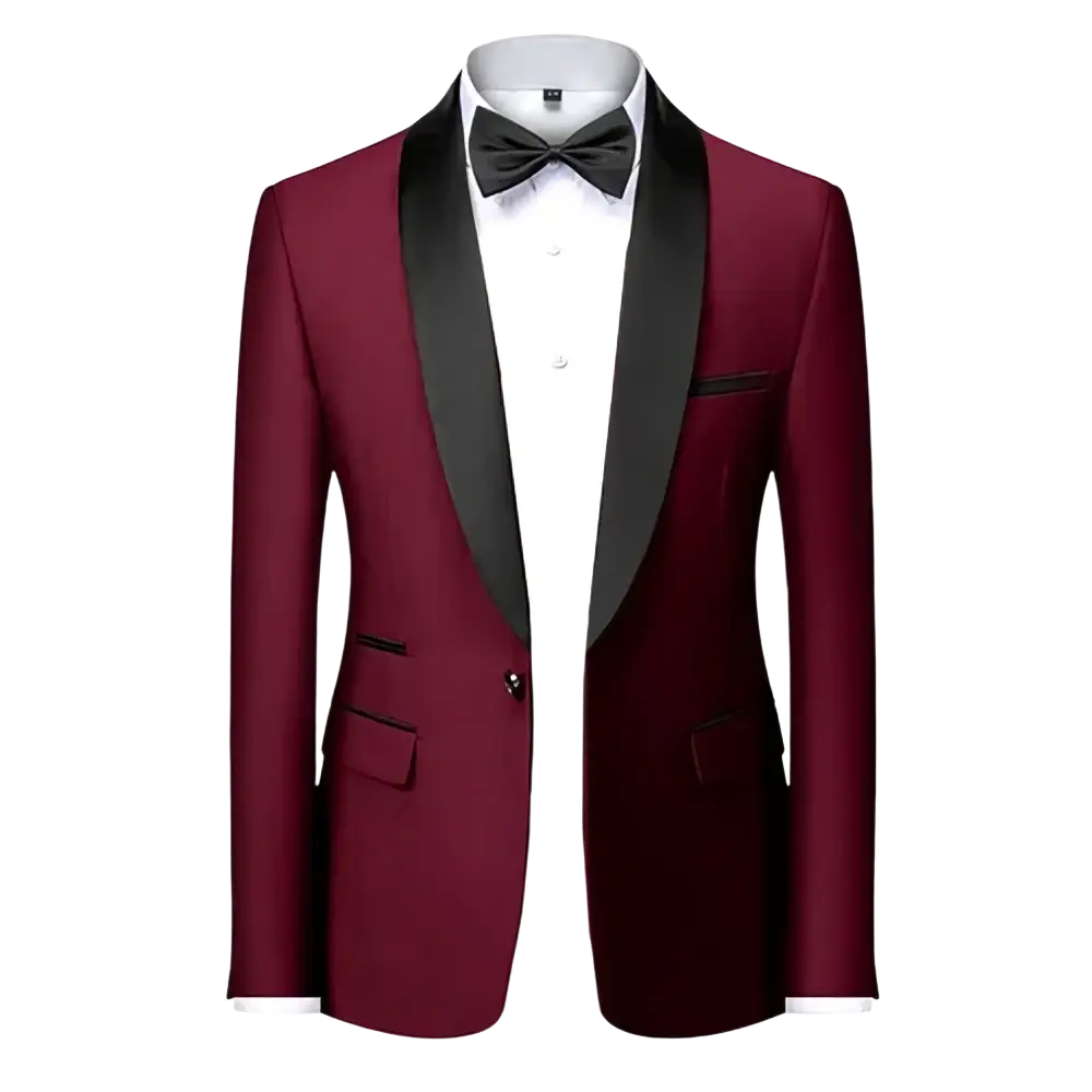 Men’s slim fit tuxedo blazer formal suit jacket in burgundy with black satin lapels and matching pocket squares