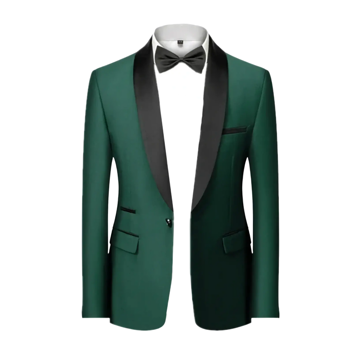 Men’s slim fit tuxedo blazer in elegant emerald green with black satin lapels and matching bow tie for formal occasions