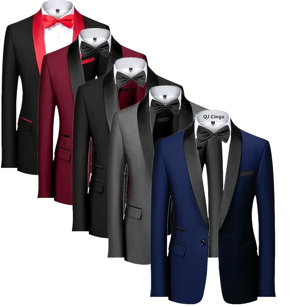 Men’s slim fit tuxedo blazers in black burgundy charcoal gray and navy blue with contrasting satin lapels for formal wear