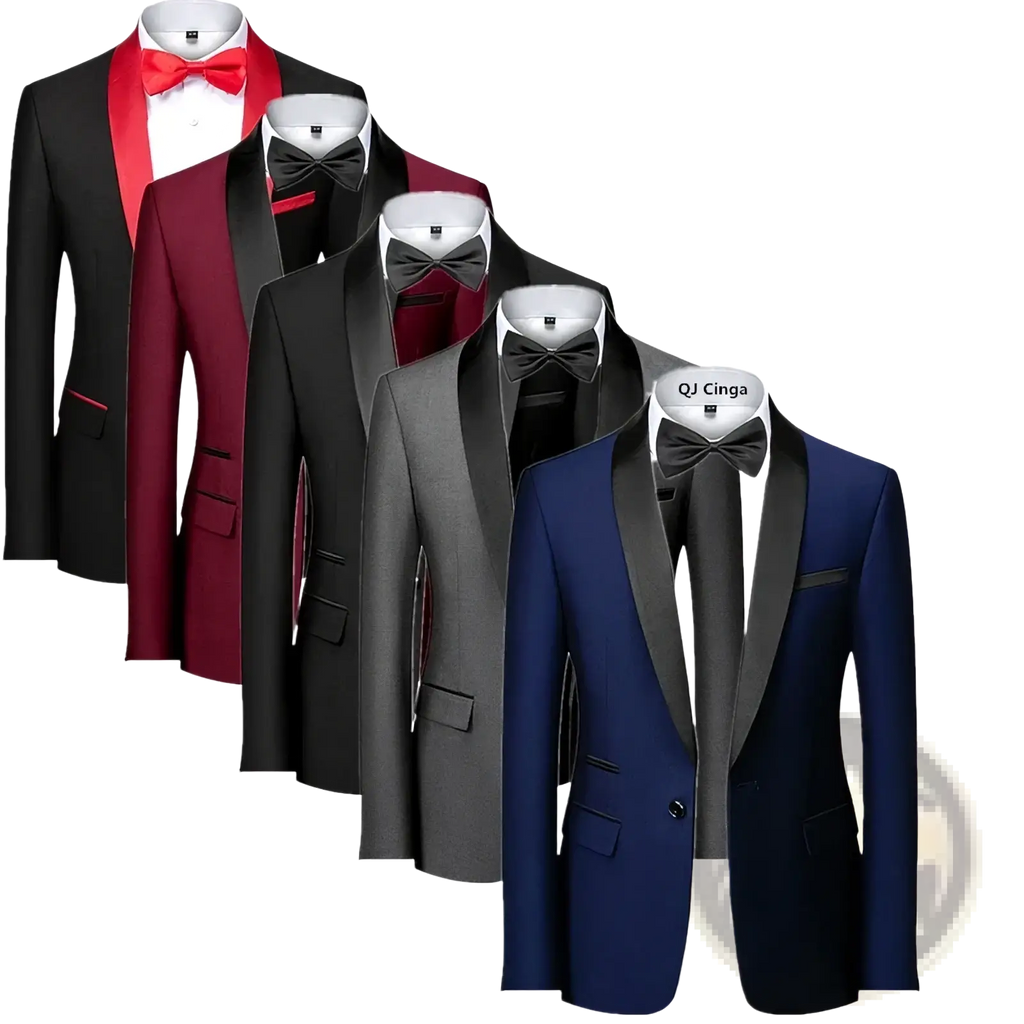 Men’s slim fit tuxedo blazers in black burgundy charcoal gray and navy blue with contrasting satin lapels for formal wear