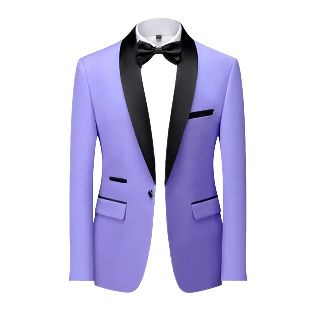 Men’s slim fit tuxedo blazer formal suit jacket in lavender with black satin lapels and matching bow tie