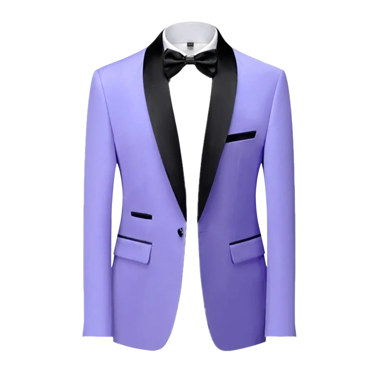 Men’s slim fit tuxedo blazer formal suit jacket in lavender with black satin lapels and trim