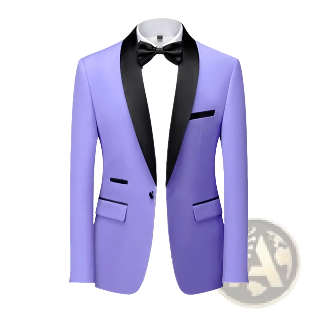 Men’s slim fit tuxedo blazer formal suit jacket in lavender with black satin lapels and matching bow tie