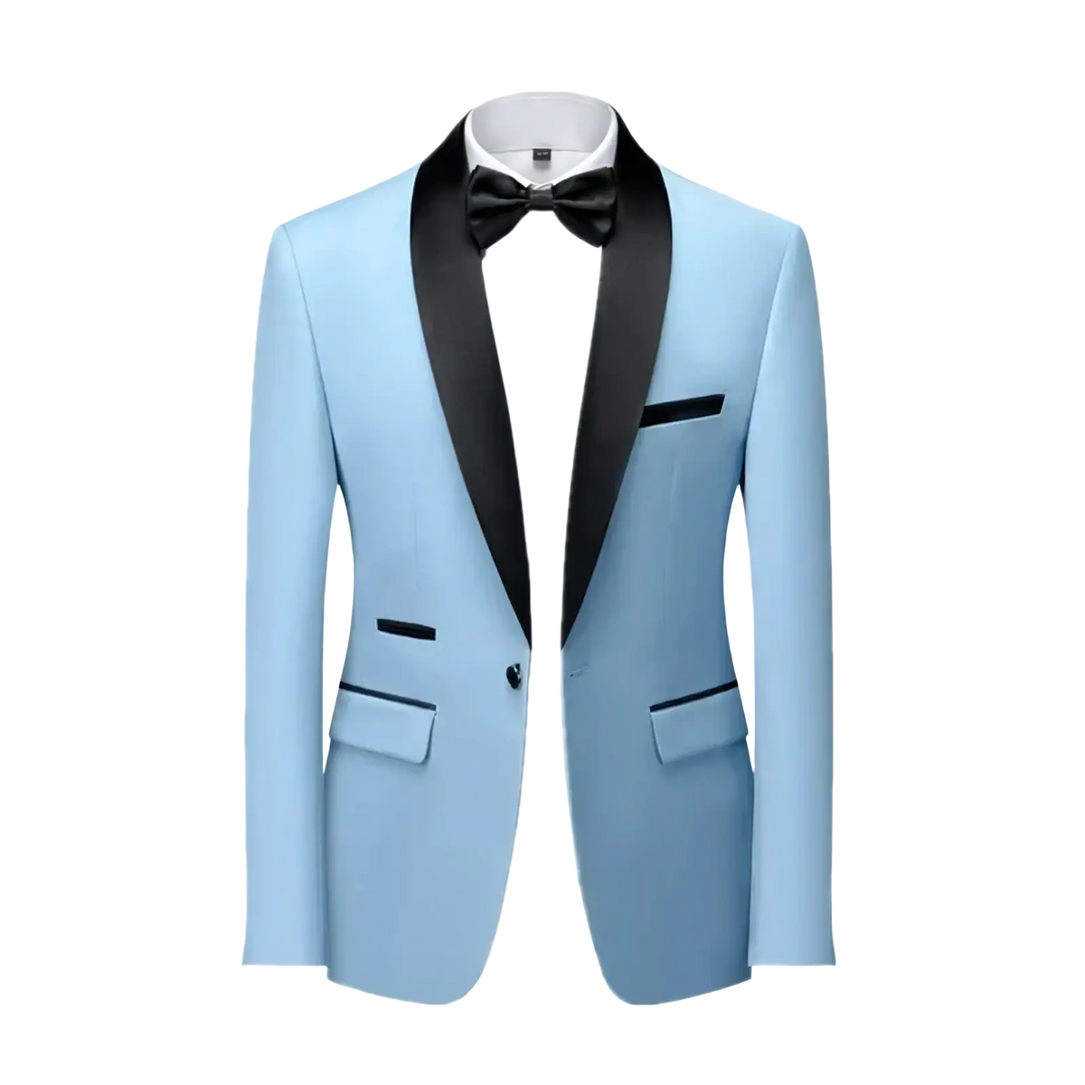 Men’s slim fit tuxedo blazer in light blue with black satin lapels and matching bow tie for formal occasions