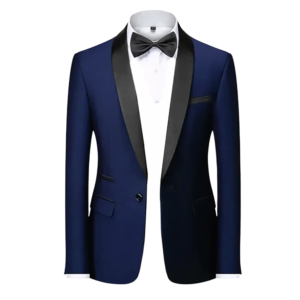 Men’s slim fit tuxedo blazer in navy blue with black satin lapels and matching pocket square for formal occasions