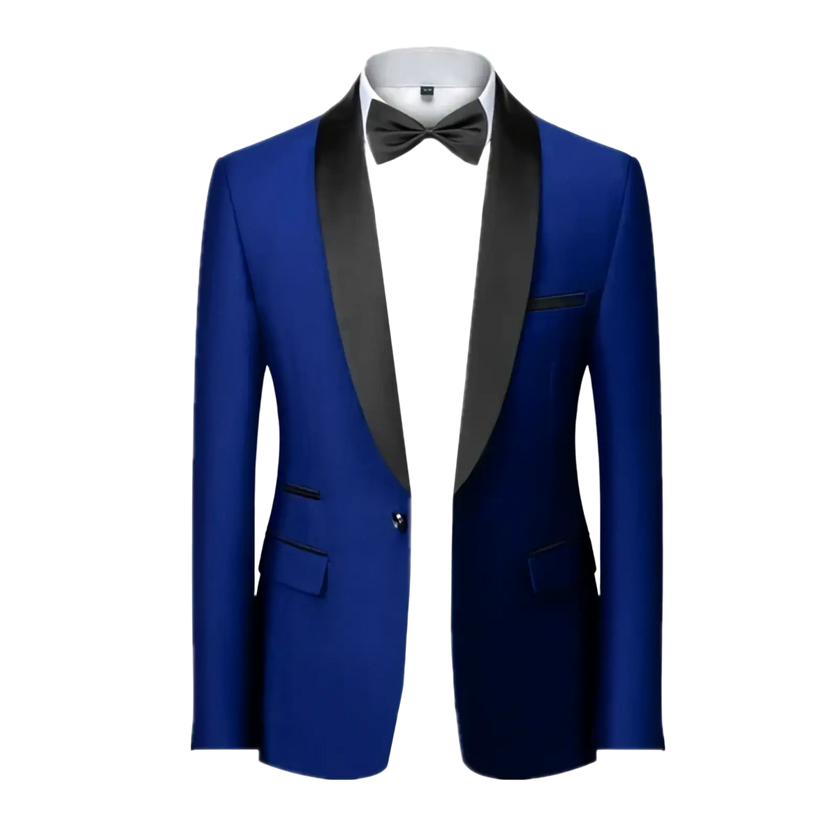 Men’s slim fit tuxedo blazer royal blue with black satin lapels and matching bow tie for formal occasions