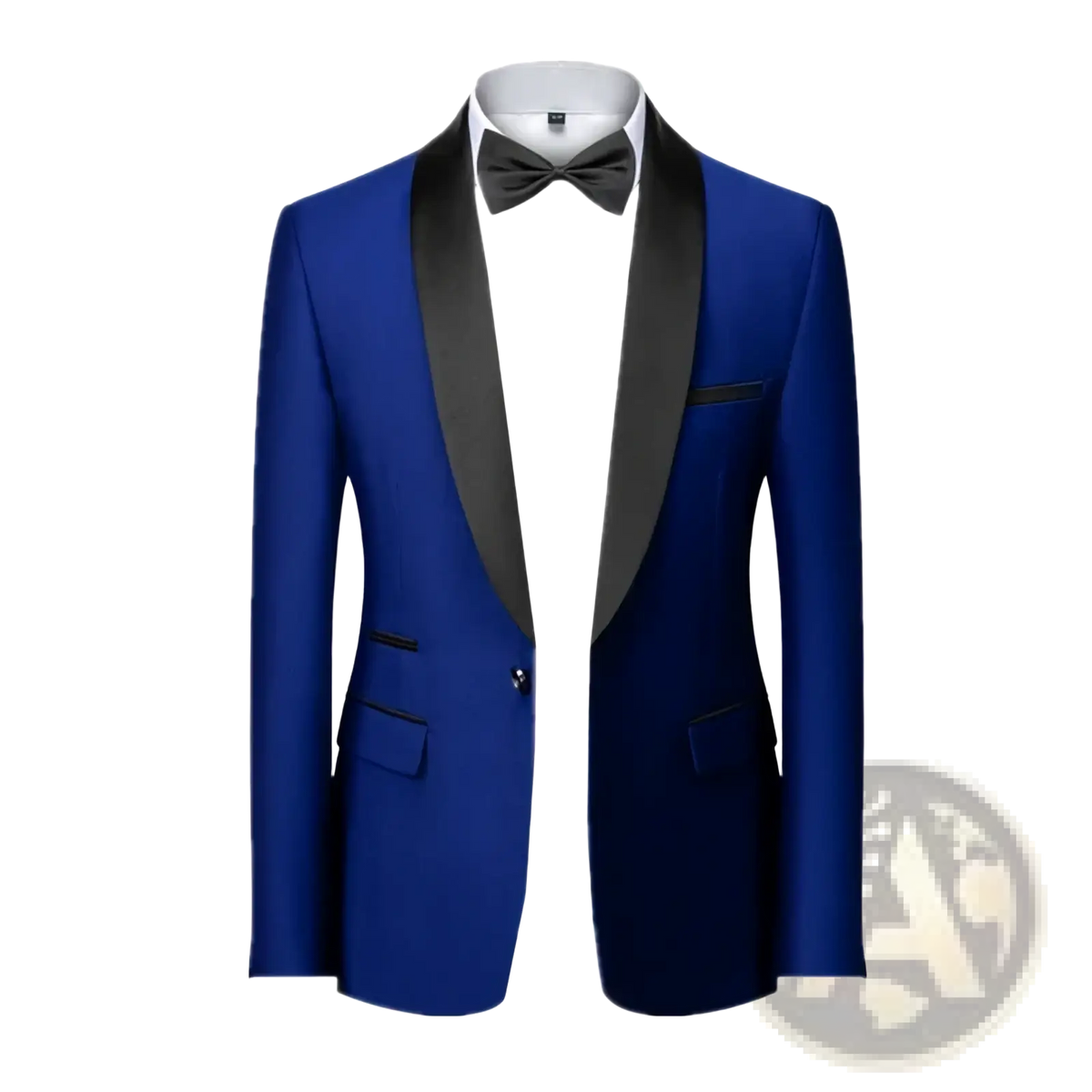 Men’s slim fit tuxedo blazer royal blue with black satin lapels and matching bow tie formal suit jacket