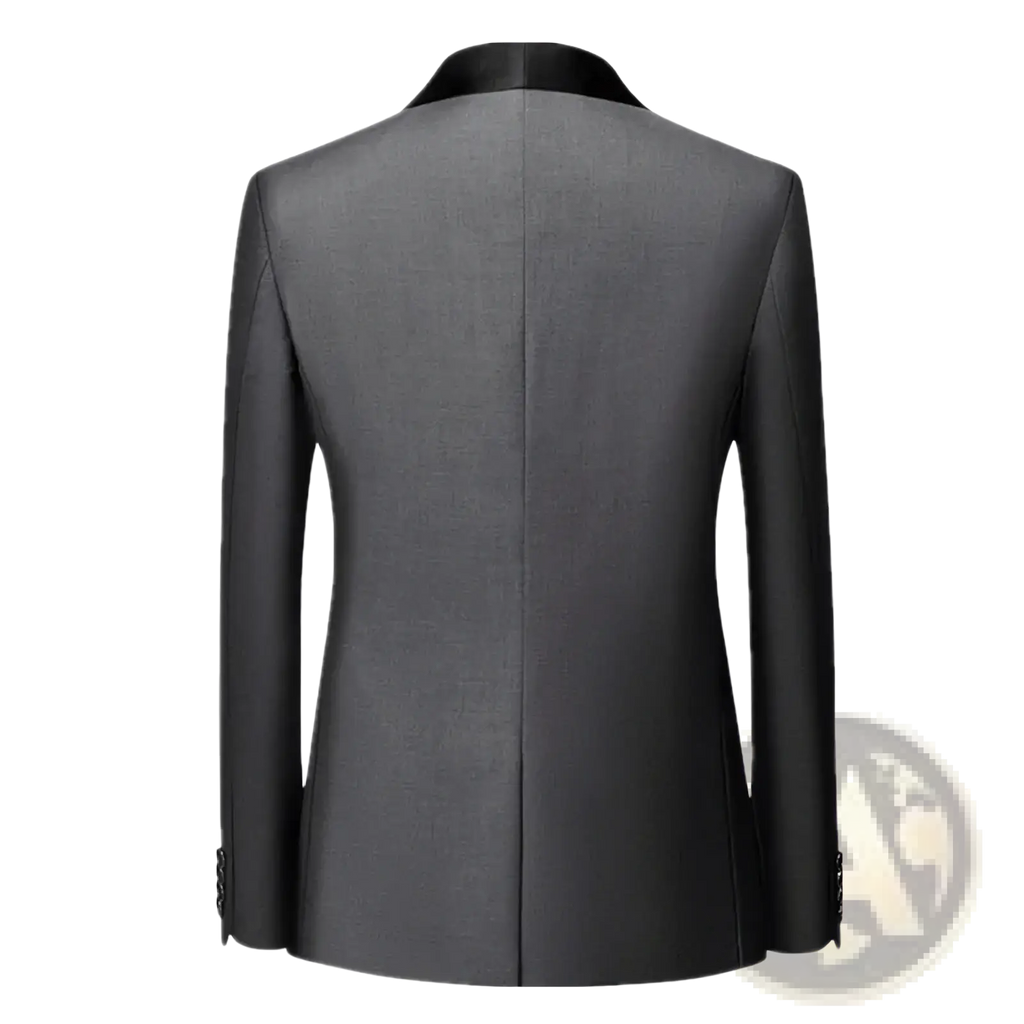 Men’s slim fit tuxedo blazer formal suit jacket in sleek charcoal gray with black satin collar and buttoned cuffs