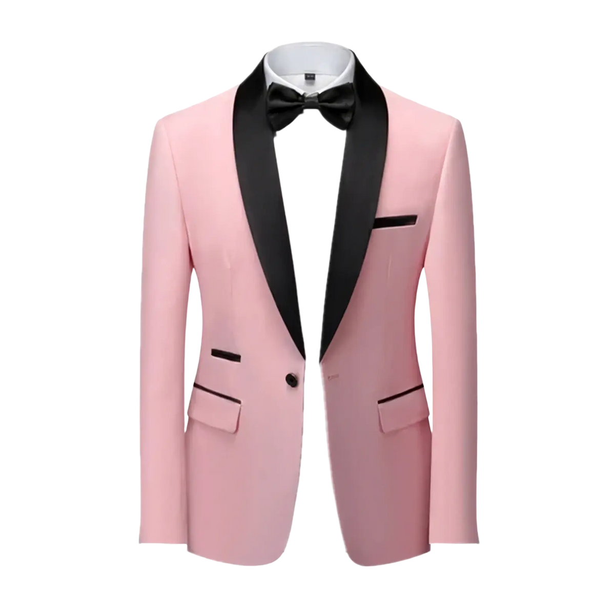 Men’s slim fit tuxedo blazer in sleek pink with black satin lapels and trim paired with a matching bow tie