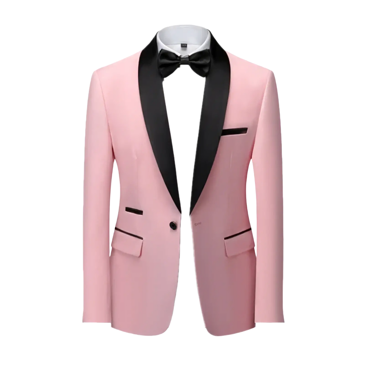 Men’s slim fit tuxedo blazer in sleek pink with black satin lapels and trim paired with matching bow tie for formal occasions