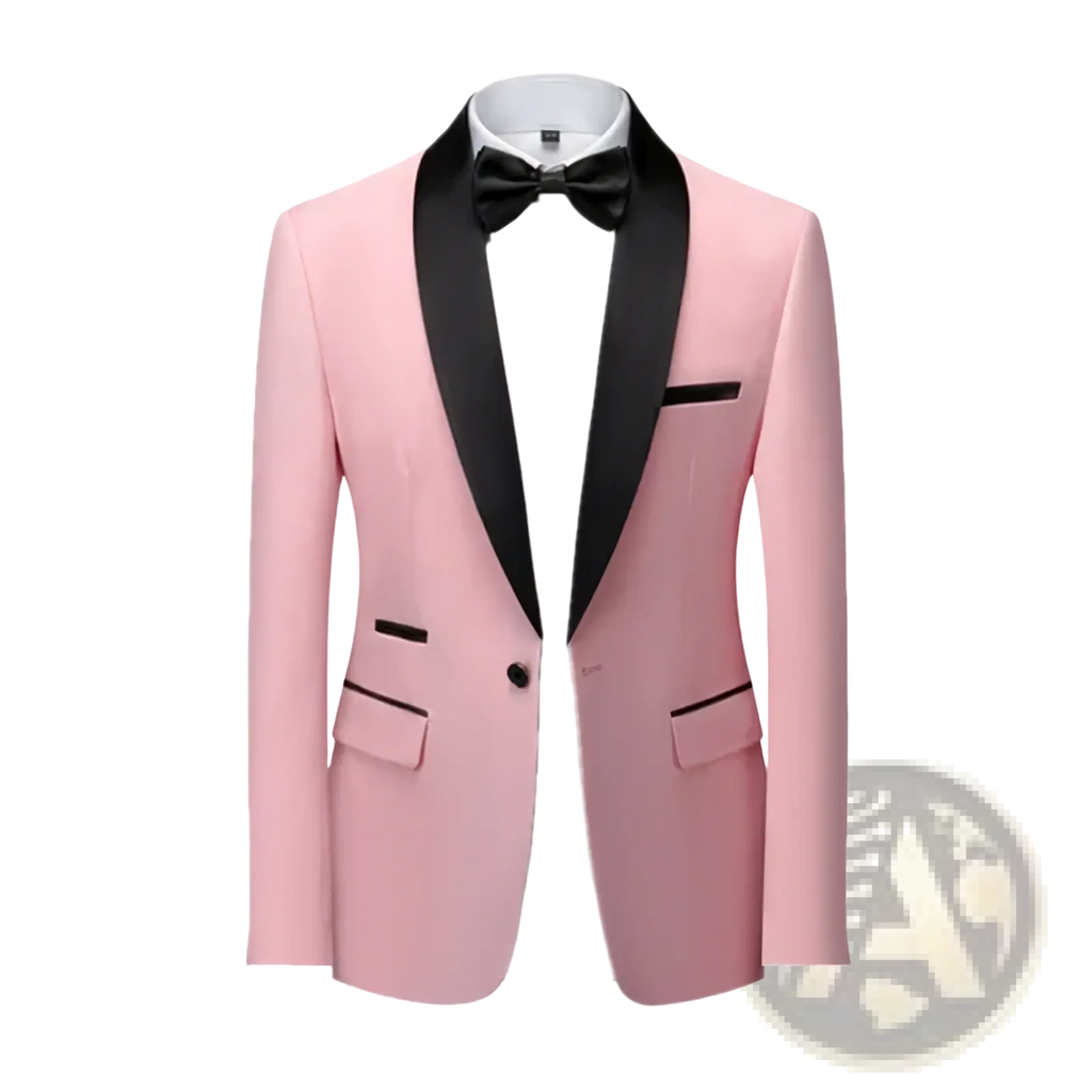 Men’s slim fit tuxedo blazer in sleek pink with black satin lapels and trim paired with matching bow tie for formal occasions
