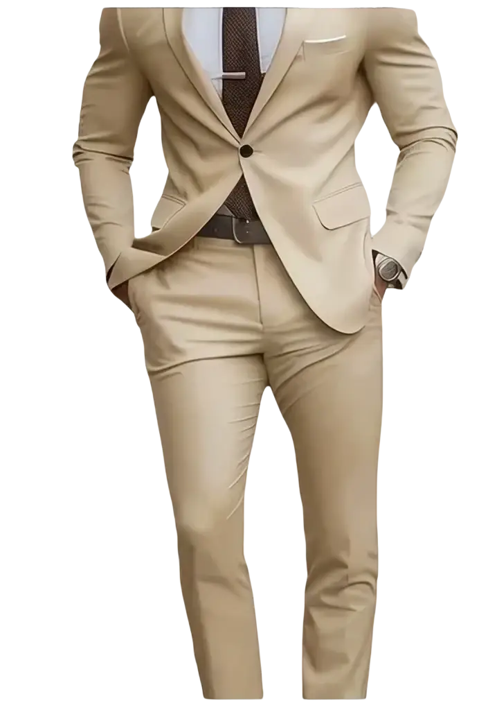 Beige tailored mens slim fit two piece suit with single-button jacket and matching trousers for formal dress