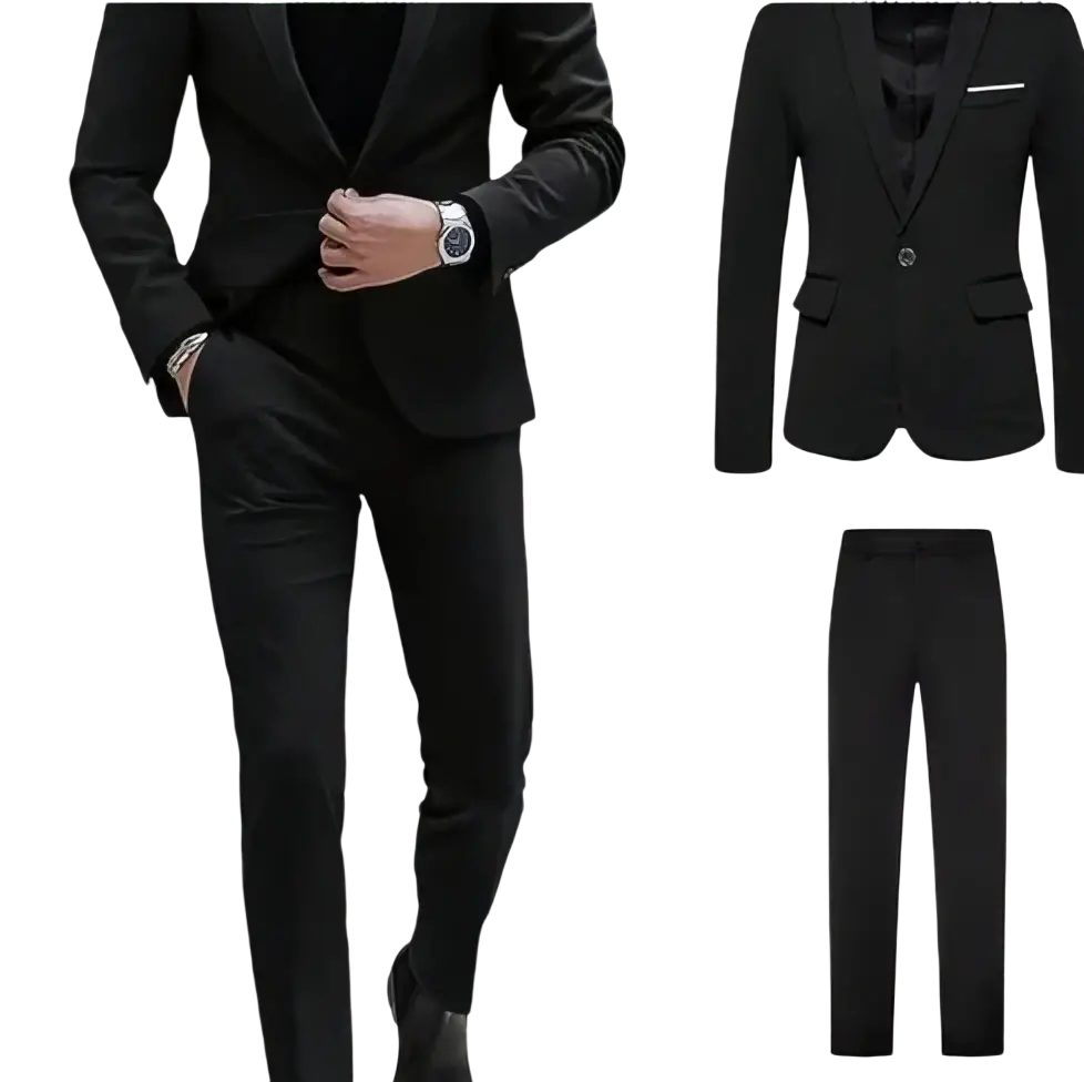 Mens slim fit two piece suit in black tailored fabric with sleek modern cut and subtle peak lapel detailing for formal dress