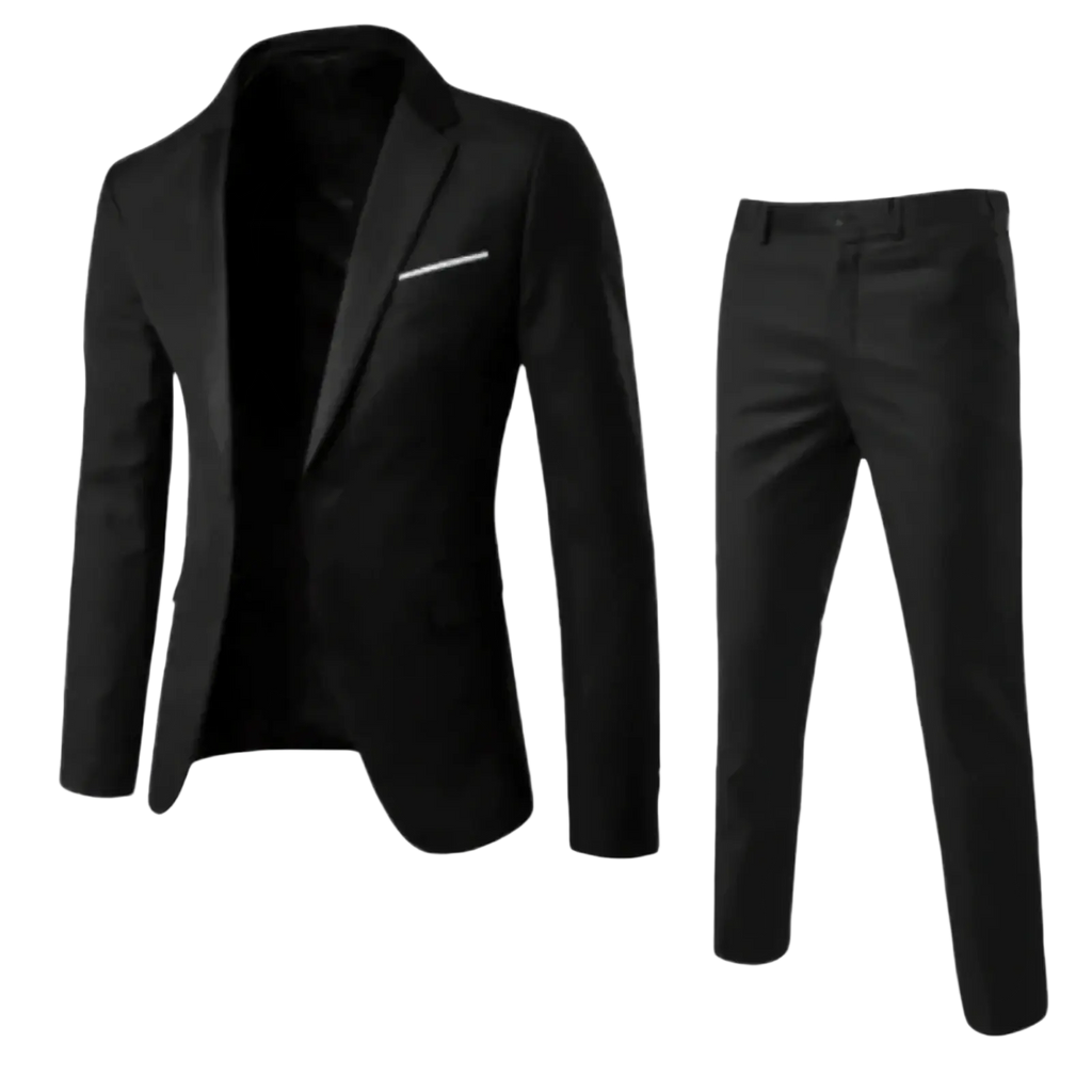 Mens slim fit two piece suit formal dress in black tailored fabric with sleek blazer and white contrast stitching on pocket