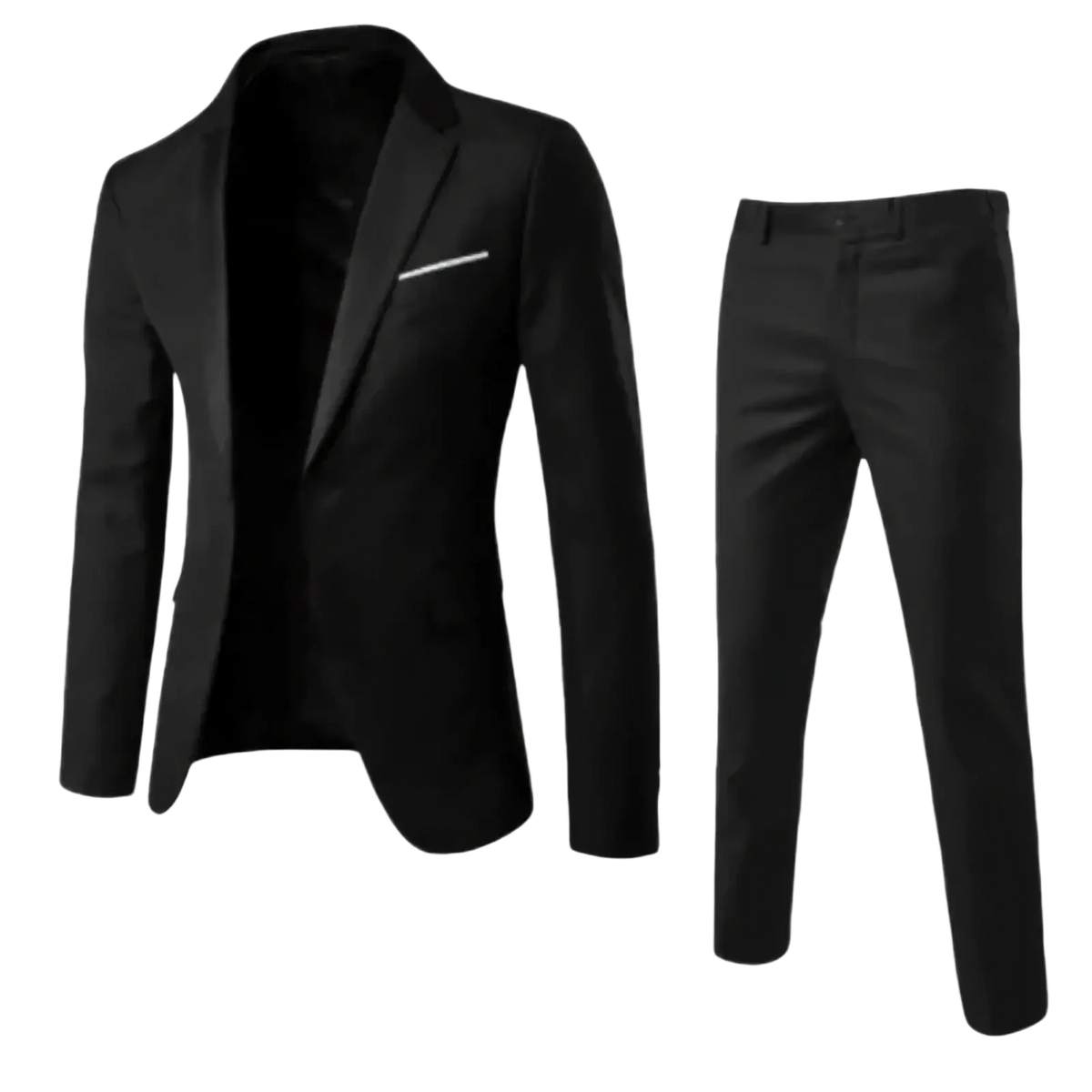 Mens slim fit two piece suit formal dress in black tailored fabric with sleek blazer and white contrast stitching on pocket