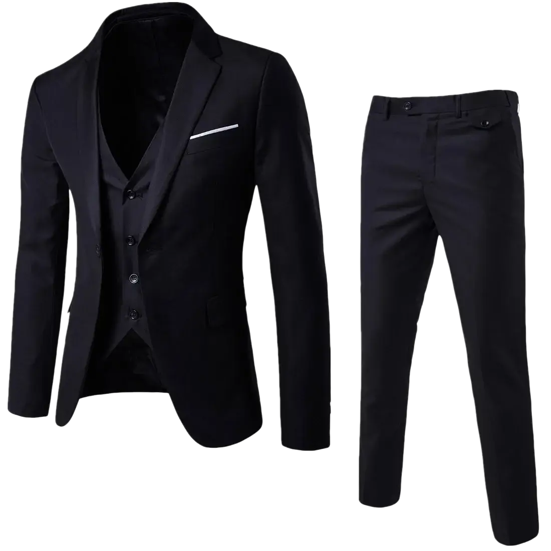 Black mens slim fit three-piece suit with sleek blazer, matching vest, and tailored trousers for formal dress