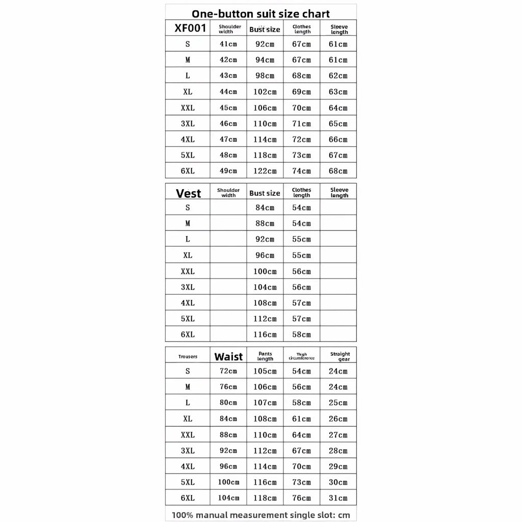 Mens slim fit formal two piece suit size chart showing shoulder bust length and sleeve measurements from s to 6xl