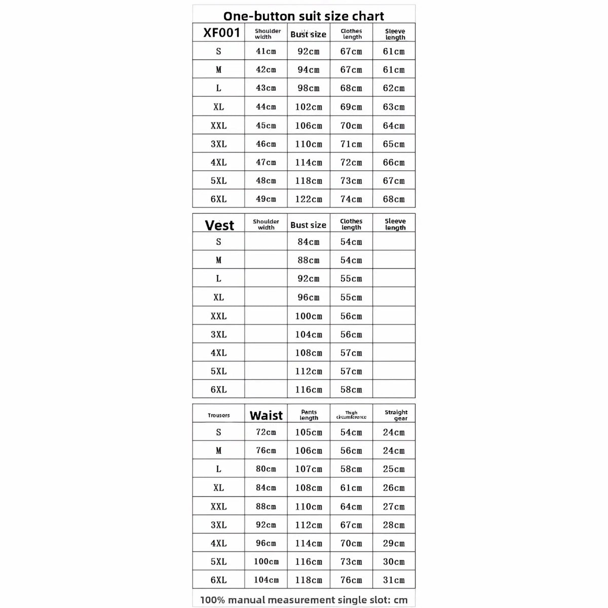 Mens slim fit formal two piece suit size chart showing shoulder bust length and sleeve measurements from s to 6xl