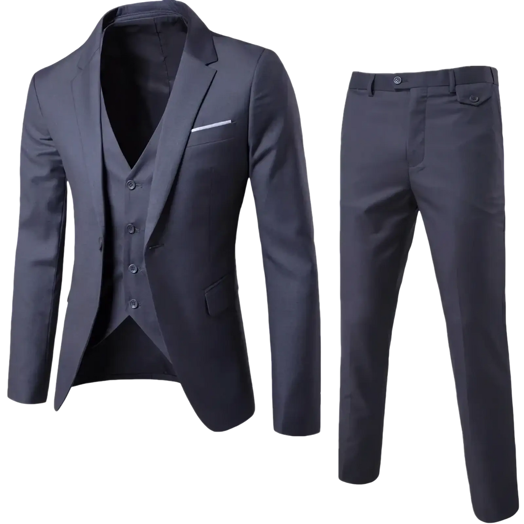 Dark gray three-piece suit with tailored blazer vest and slim-fit trousers for mens formal dress occasions