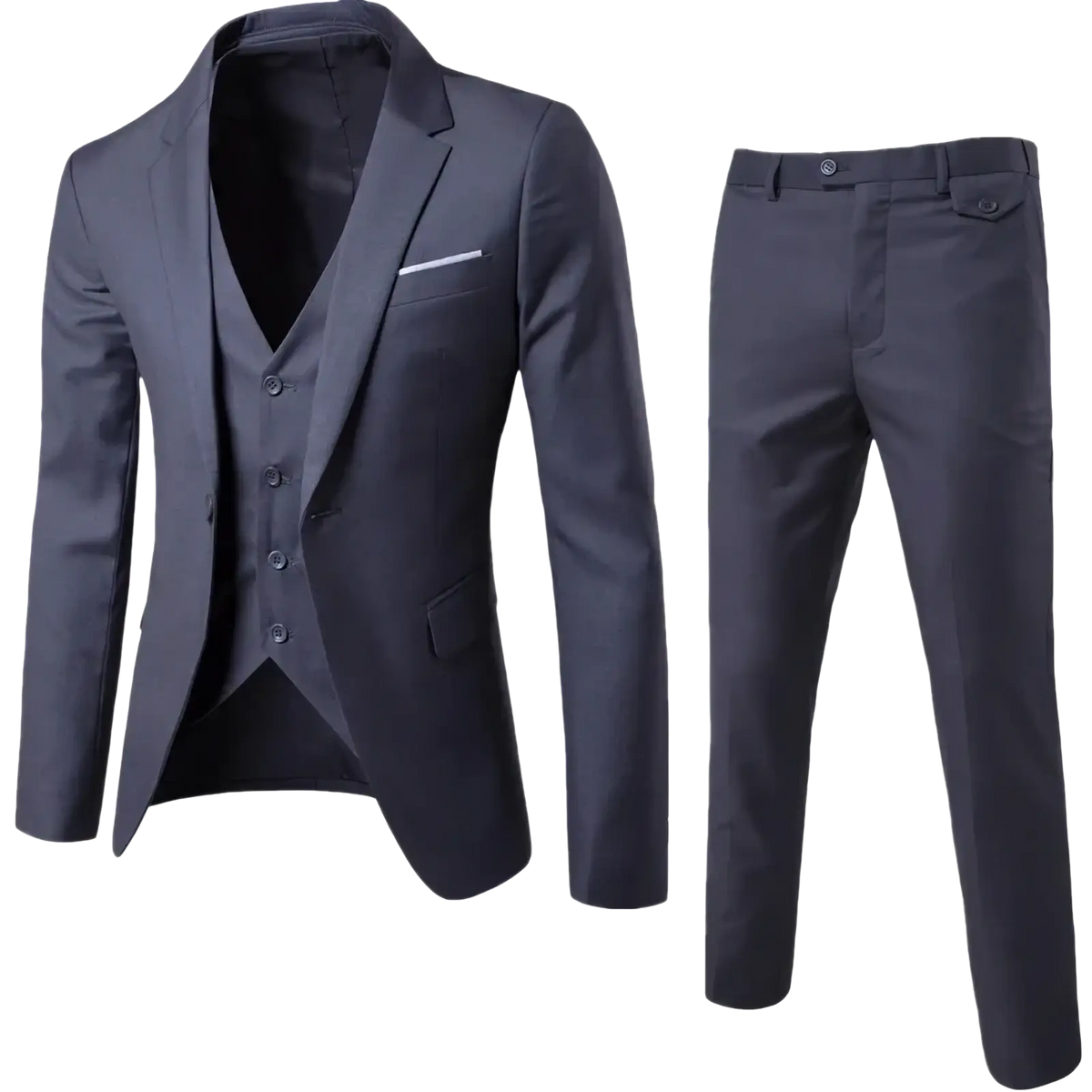 Dark gray three-piece suit with tailored blazer vest and slim-fit trousers for mens formal dress occasions