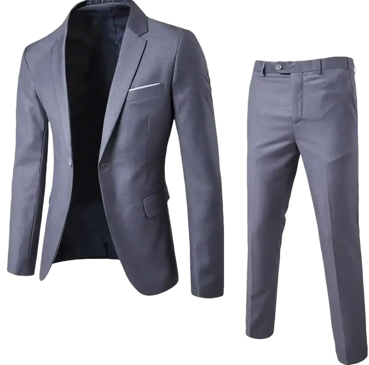 Mens slim fit two piece gray suit with tailored blazer and matching trousers featuring subtle stitching details