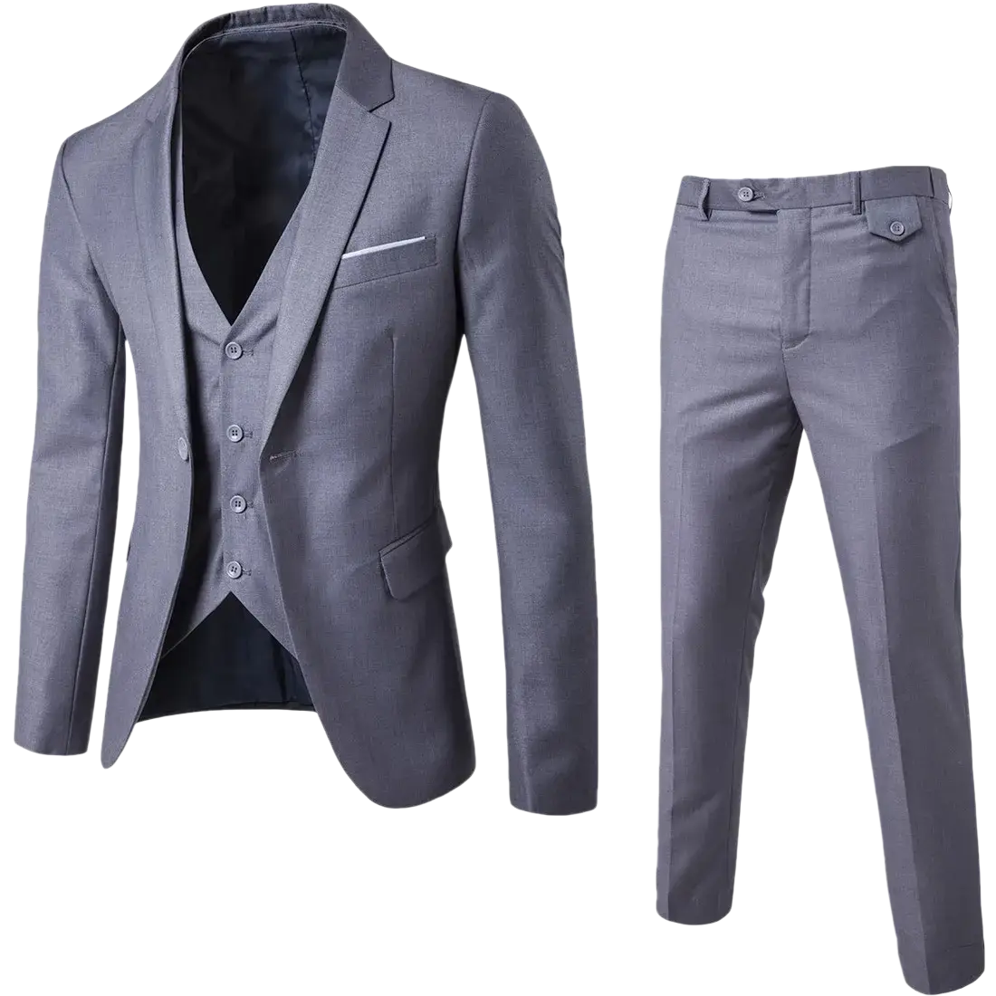Gray mens slim fit three-piece suit with textured fabric blazer vest and trousers for formal dress occasions