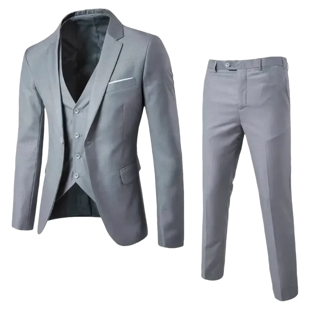 Gray mens slim fit two piece suit with textured fabric finish and subtle tonal pattern for formal dress occasions