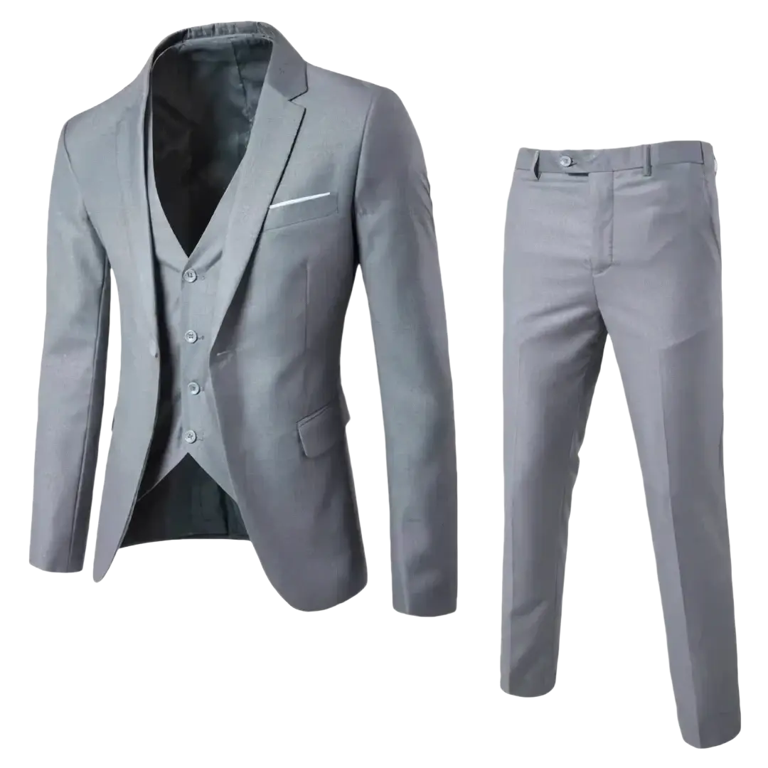 Gray mens slim fit two piece suit with textured fabric finish and subtle tonal pattern for formal dress occasions