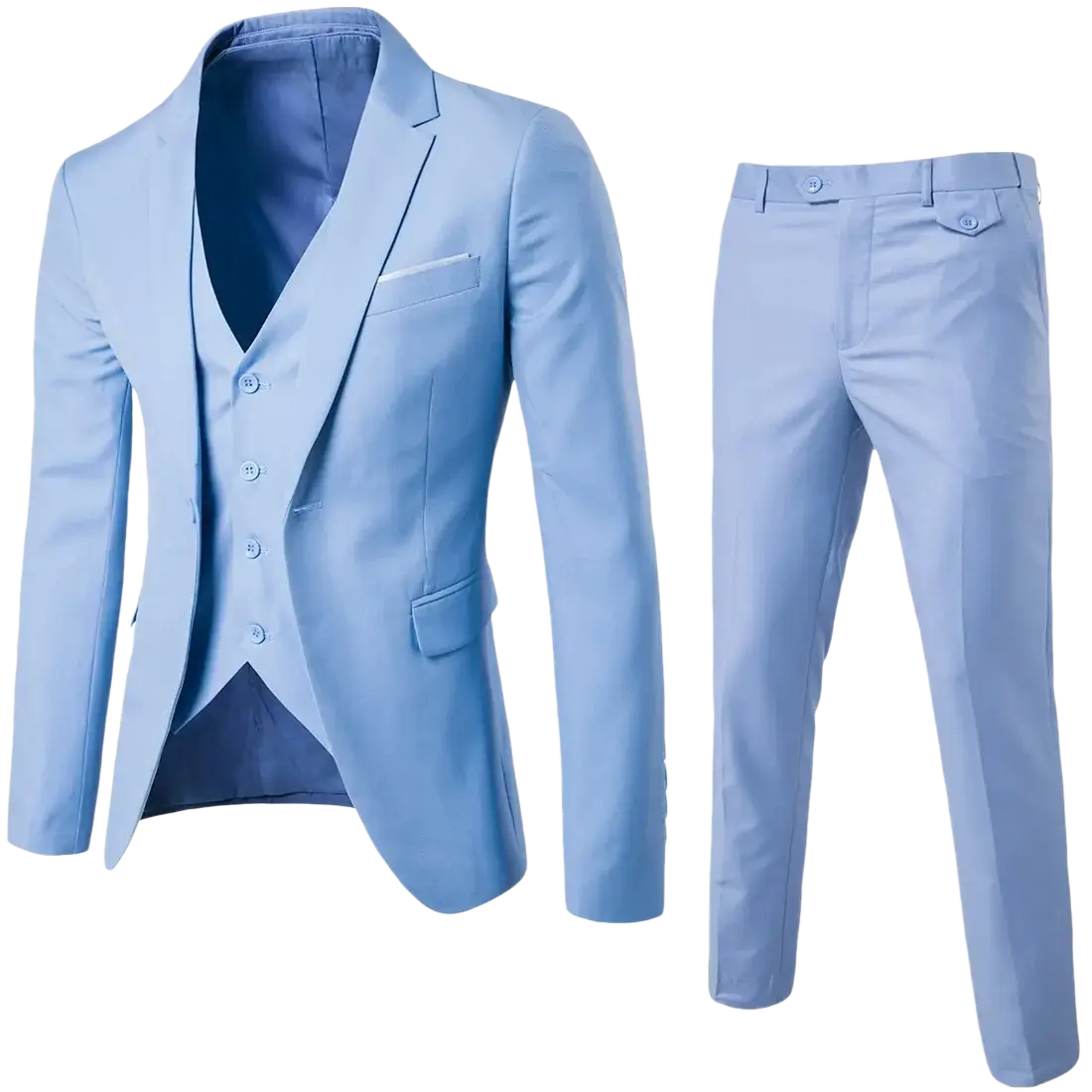 Light blue slim fit three-piece mens suit with matching blazer vest and trousers in smooth fabric for formal wear
